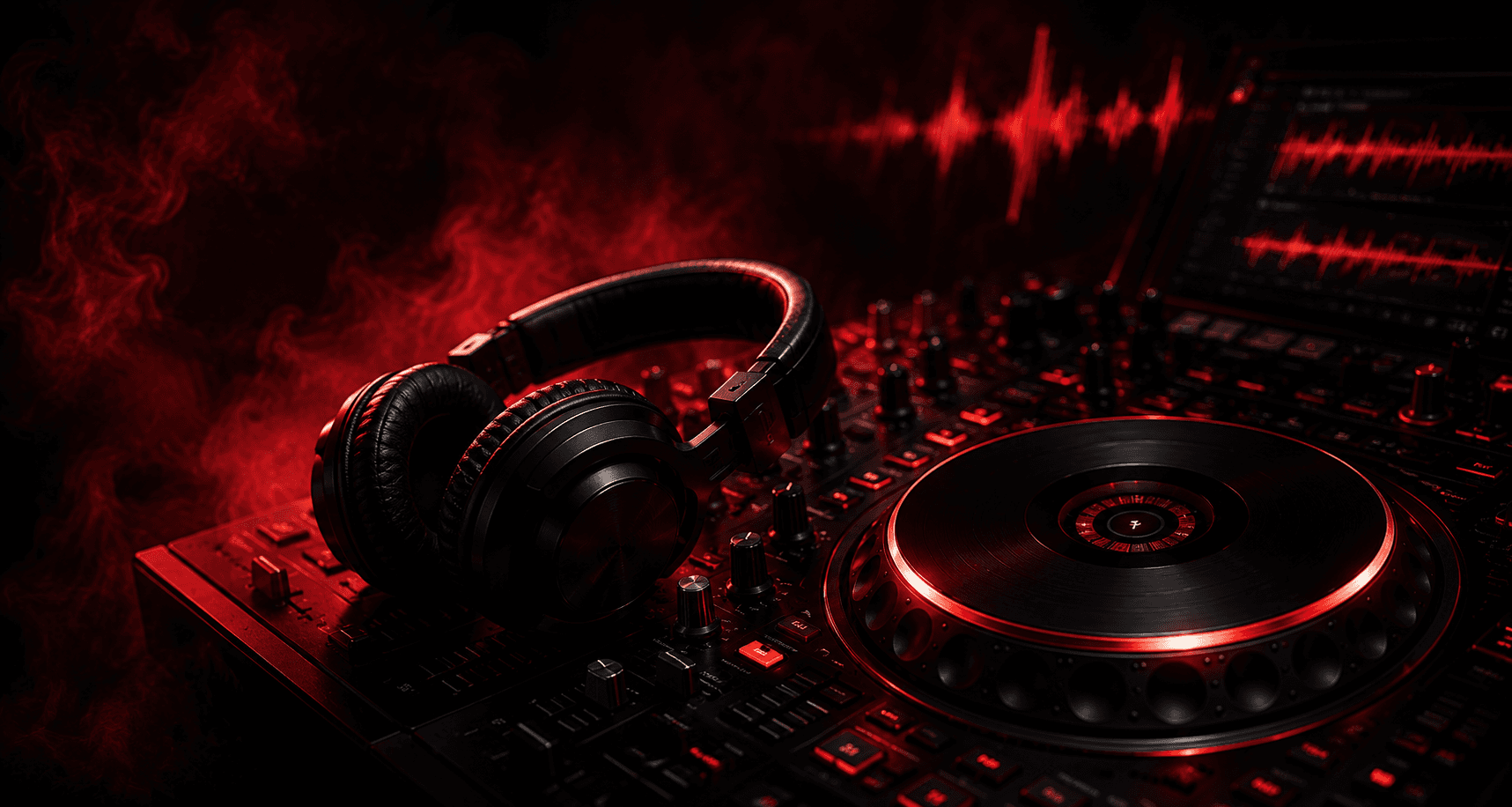 DJ controller and headphones with red atmospheric lighting
